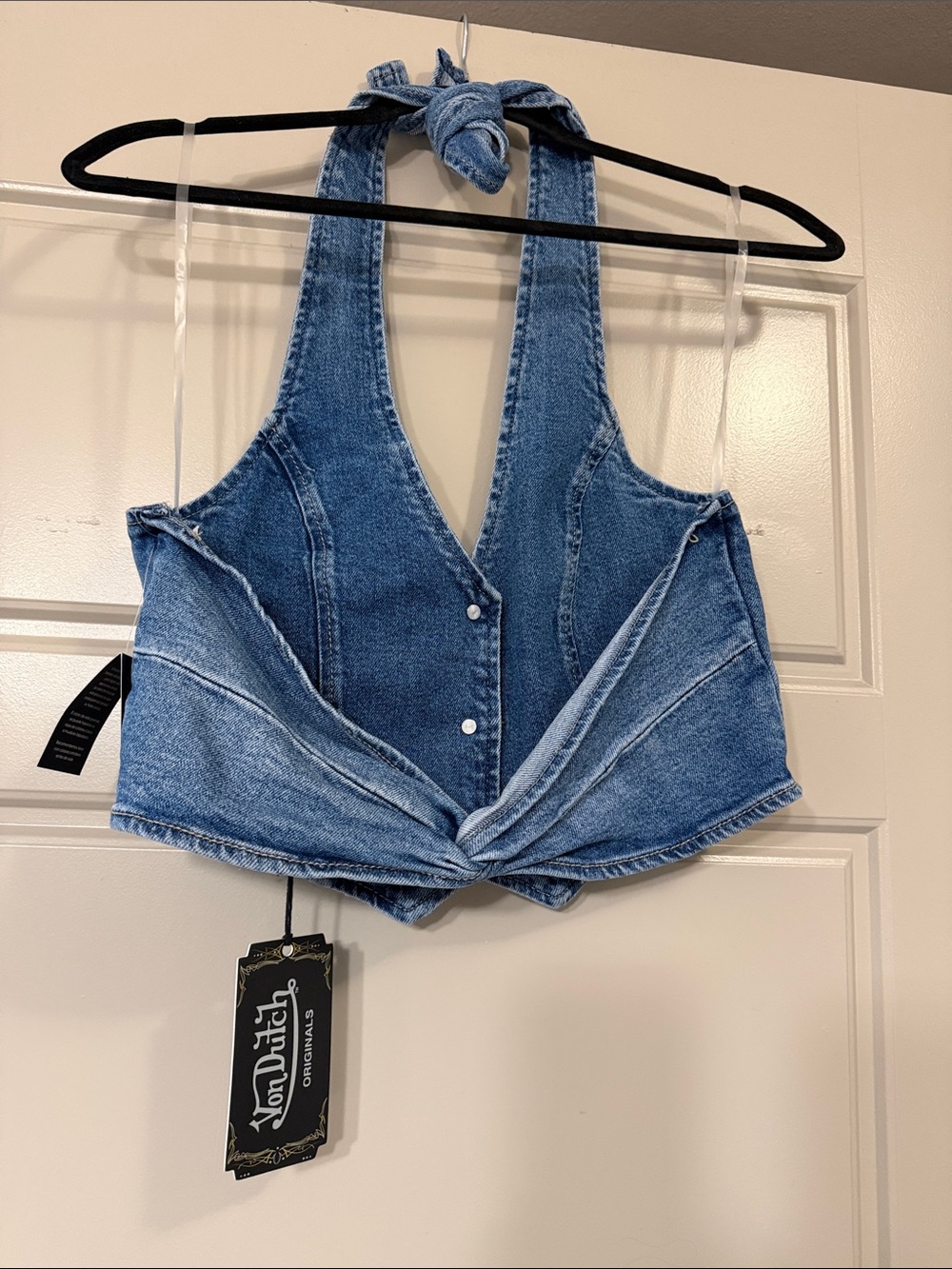 Von Dutch Blue Denim Halter Crop Top with Multicolor Flame Embroidery - Picture 5 of 5